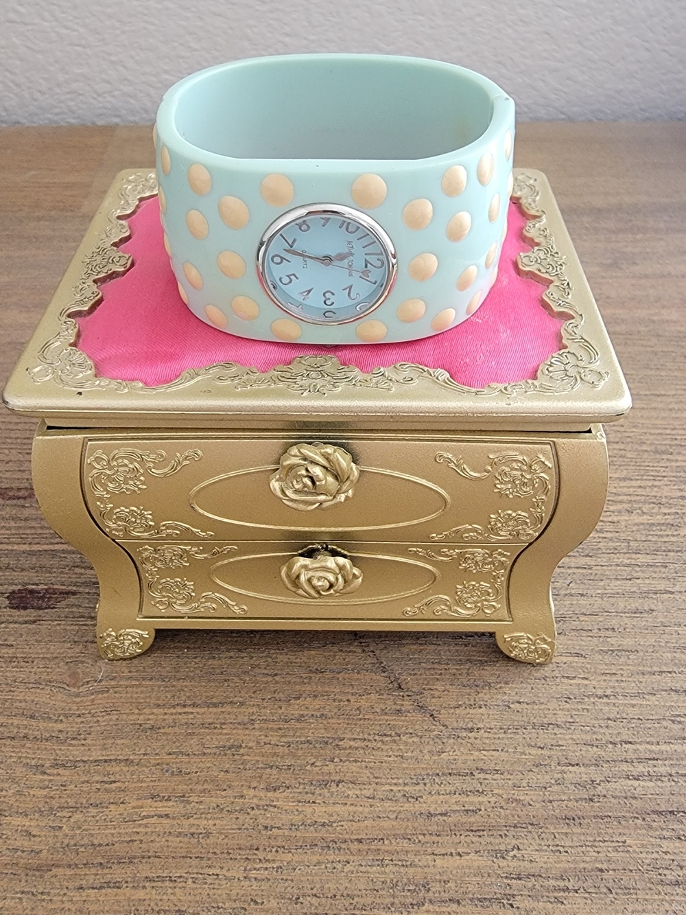 Betsey Johnson Mint Green Polka Dot Bangle Watch with Gold Dots - Picture 1 of 5